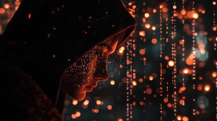 Poster - A hacker in a hoodie, bathed in the glow of a computer screen displaying complex digital code, evoking an atmosphere of suspense and cybersecurity expertise