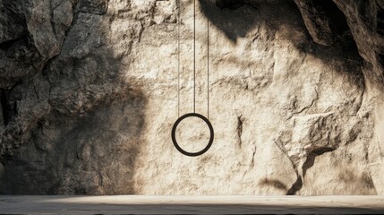 Poster - A hanging circle suspended in a minimalist design, set against a rugged stone background, creating a harmonious balance of simplicity and texture
