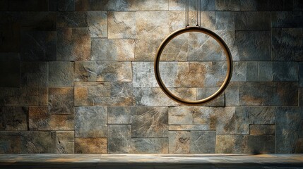 Poster - A hanging circle suspended in a minimalist design, set against a rugged stone background, creating a harmonious balance of simplicity and texture