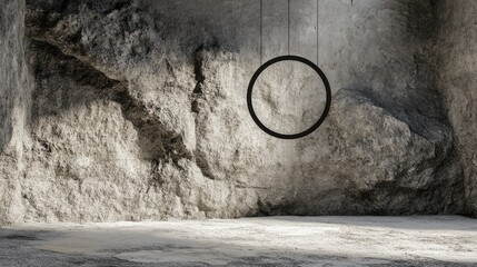 Poster - A hanging circle suspended in a minimalist design, set against a rugged stone background, creating a harmonious balance of simplicity and texture