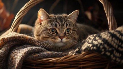 Poster - A chubby cat nestled in a wicker basket, surrounded by cozy blankets, creating a charming and homey scene.