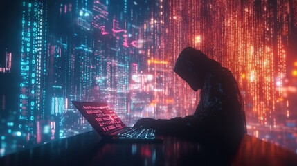 Poster - A lone hooded figure typing on a keyboard, with the backdrop filled with digital binary code, representing the world of hacking and data manipulation