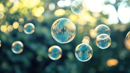 Poster - A minimalist composition of transparent soap bubbles suspended in mid-air, with light blue tones providing a serene and dreamy backdrop