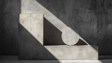 Poster - A minimalist geometric arrangement of shapes on a concrete surface, with dramatic shadows cast across the textured background, emphasizing simplicity and form