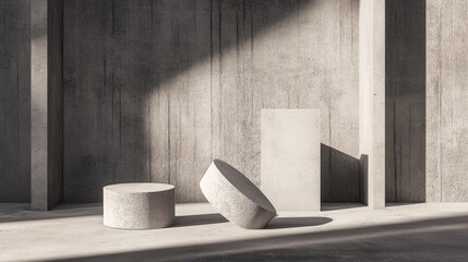 Poster - A minimalist geometric arrangement of shapes on a concrete surface, with dramatic shadows cast across the textured background, emphasizing simplicity and form