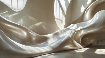 Poster - A modern interior featuring sculptural waves, with sunlight streaming through windows and casting dynamic, artistic light patterns on the flowing forms