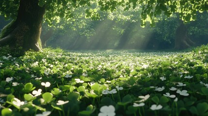 Wall Mural - A peaceful spring morning in a lush clover field, with dew-kissed leaves shimmering under the warm sunlight, creating a fresh and natural atmosphere