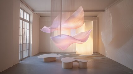 Poster - A sculptural lighting installation in soft pastel shades, casting a delicate light across a contemporary room, creating an artistic and calming atmosphere