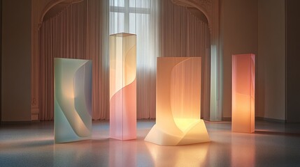 Poster - A sculptural lighting installation in soft pastel shades, casting a delicate light across a contemporary room, creating an artistic and calming atmosphere