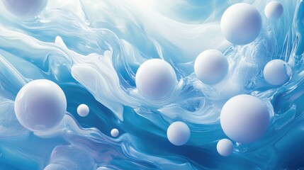 Poster - A serene abstract design featuring floating white spheres against a calming fluid blue backdrop, creating a peaceful and modern composition