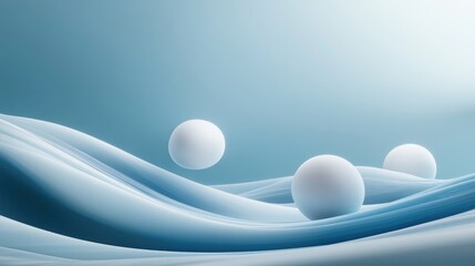 Poster - A serene abstract design featuring floating white spheres against a calming fluid blue backdrop, creating a peaceful and modern composition