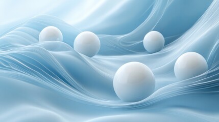 Poster - A serene and calming abstract composition with white spheres gently arranged on a flowing blue backdrop, evoking peaceful elegance