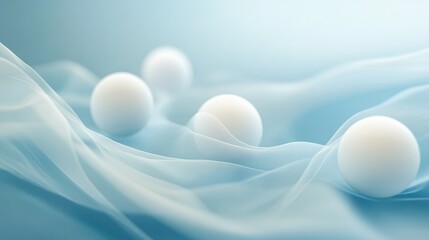 Poster - A serene and calming abstract composition with white spheres gently arranged on a flowing blue backdrop, evoking peaceful elegance