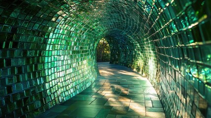 Poster - A serene emerald green mosaic tunnel bathed in sunlight, creating a glowing pathway of glass illuminated by soft, natural light
