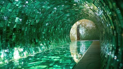 Poster - A serene emerald green mosaic tunnel bathed in sunlight, creating a glowing pathway of glass illuminated by soft, natural light