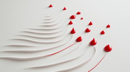 Poster - A series of red paint droplets forming ripples on a white background, capturing the beauty of motion and fluidity in an artistic and minimalist scene