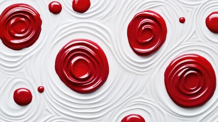 Poster - A series of red paint droplets forming ripples on a white background, capturing the beauty of motion and fluidity in an artistic and minimalist scene