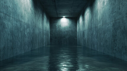Poster - Modern Underground Tunnel with Dim Lighting and Reflective Water Surface