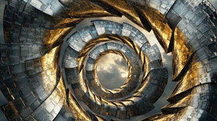 Poster - A shimmering gold and silver mosaic spiral with cloudy skies in the background, creating a visually striking and abstract piece of art