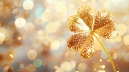 Poster - A shimmering golden glitter shamrock on a soft bokeh background, representing good luck and positive energy in an elegant, festive design