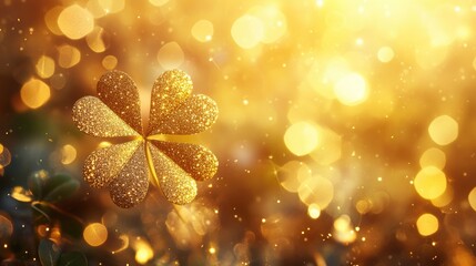 Poster - A shimmering golden glitter shamrock on a soft bokeh background, representing good luck and positive energy in an elegant, festive design