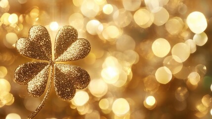 Poster - A shimmering golden glitter shamrock on a soft bokeh background, representing good luck and positive energy in an elegant, festive design