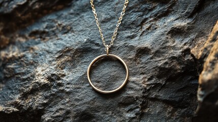Poster - A simple, minimalist hanging circle pendant set against a textured stone background, creating a serene and elegant visual contrast