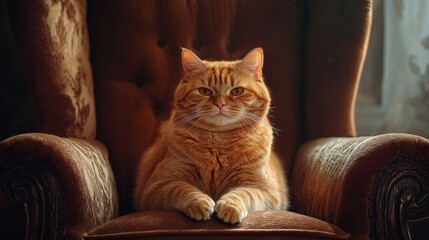 Poster - A fat cat perched on a plush armchair, looking directly at the camera with an inquisitive expression.
