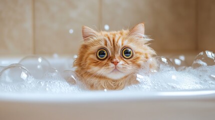 Poster - A fat cat sitting in a bathtub filled with bubbles, looking around with wide eyes, creating a humorous and cute scene.