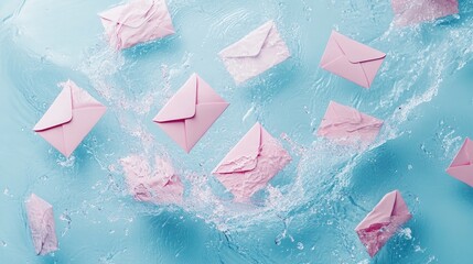 Poster - A soft, romantic composition of pink love letters gently floating on a calm blue background, with water splashes adding an elegant touch of motion and life