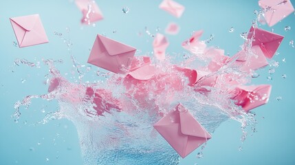 Poster - A soft, romantic composition of pink love letters gently floating on a calm blue background, with water splashes adding an elegant touch of motion and life