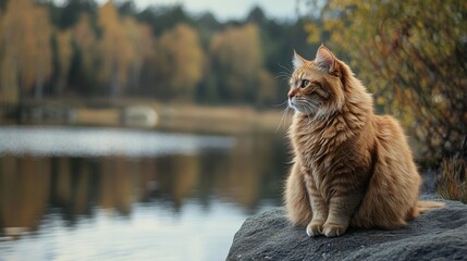 Poster - A fat cat sitting on a rock by a lake, its fur slightly damp and enjoying the natural surroundings.