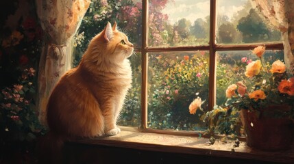 Poster - A fat cat sitting regally on a windowsill, gazing out at a beautiful garden, exuding an air of quiet contemplation.