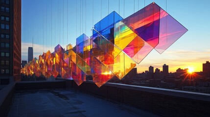 Poster - A sunlit crystal installation suspended over an urban rooftop, casting colorful reflections as the sun sets, adding an artistic touch to the skyline