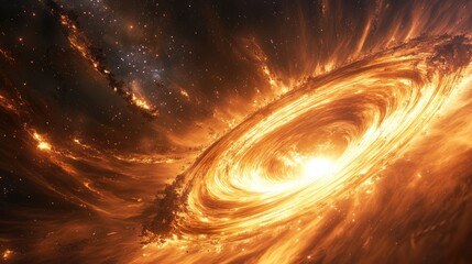 Poster - A superfluid vortex in deep space, glowing with spiraling lines of light, capturing the beauty and mystery of frictionless particle movement in the cosmos
