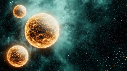 Poster - Futuristic Cosmic Landscape with Glowing Spheres and Nebulae in Deep Space