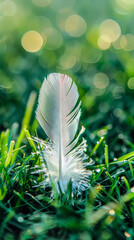 White feather is on a green grass field.