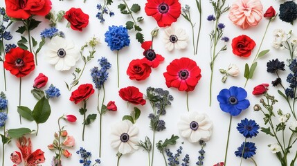 Poster - A vibrant display of red, white, and blue flowers arranged against a minimalist white background, capturing bold colors and simplicity in floral design
