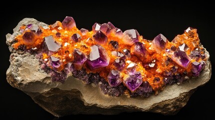 Aufkleber - A vivid display of orange and purple crystals embedded in a raw mineral rock formation, capturing the beauty and complexity of natural mineral structures