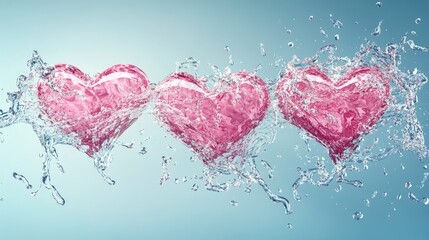 Poster - A whimsical design of floating pink love letters with a soft water splash effect on a calm blue background, symbolizing love and serenity in a playful way