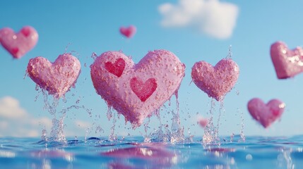 Poster - A whimsical design of floating pink love letters with a soft water splash effect on a calm blue background, symbolizing love and serenity in a playful way