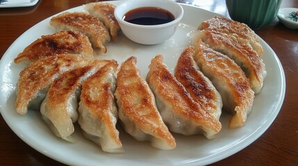 Wall Mural - A plate of gyoza, crispy pan-fried dumplings filled with flavorful pork and vegetables, served with a side of soy dipping sauce.