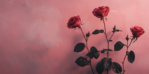 Wall Mural - A soft pink background with roses and copy space for text, a Valentine's Day theme, a pastel color scheme, a minimalistic design, a blurred background of the rose garden, a romantic and dreamy atmosph