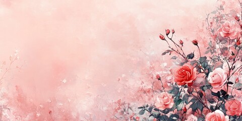 Wall Mural - A soft pink background with roses and copy space for text, a Valentine's Day theme, a pastel color scheme, a minimalistic design, a blurred background of the rose garden, a romantic and dreamy atmosph