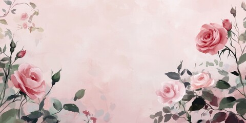 Wall Mural - A soft pink background with roses and copy space for text, a Valentine's Day theme, a pastel color scheme, a minimalistic design, a blurred background of the rose garden, a romantic and dreamy atmosph