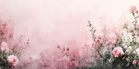 Wall Mural - A soft pink background with roses and copy space for text, a Valentine's Day theme, a pastel color scheme, a minimalistic design, a blurred background of the rose garden, a romantic and dreamy atmosph