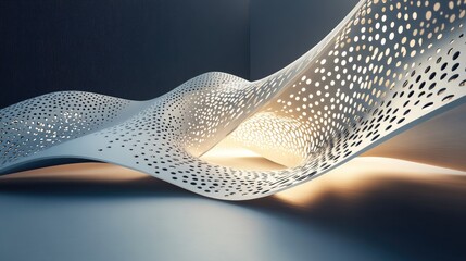 Poster - An abstract curved structure with intricate perforated patterns, bathed in soft light on a minimalist backdrop, creating a modern and artistic feel