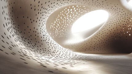 Poster - An abstract curved structure with intricate perforated patterns, bathed in soft light on a minimalist backdrop, creating a modern and artistic feel
