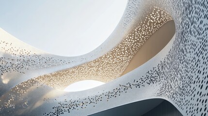 Poster - An abstract curved structure with intricate perforated patterns, bathed in soft light on a minimalist backdrop, creating a modern and artistic feel