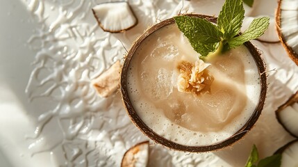 Sticker - Creamy coconut beverage in a coconut shell, garnished with mint, surrounded by coconut pieces on a white background.